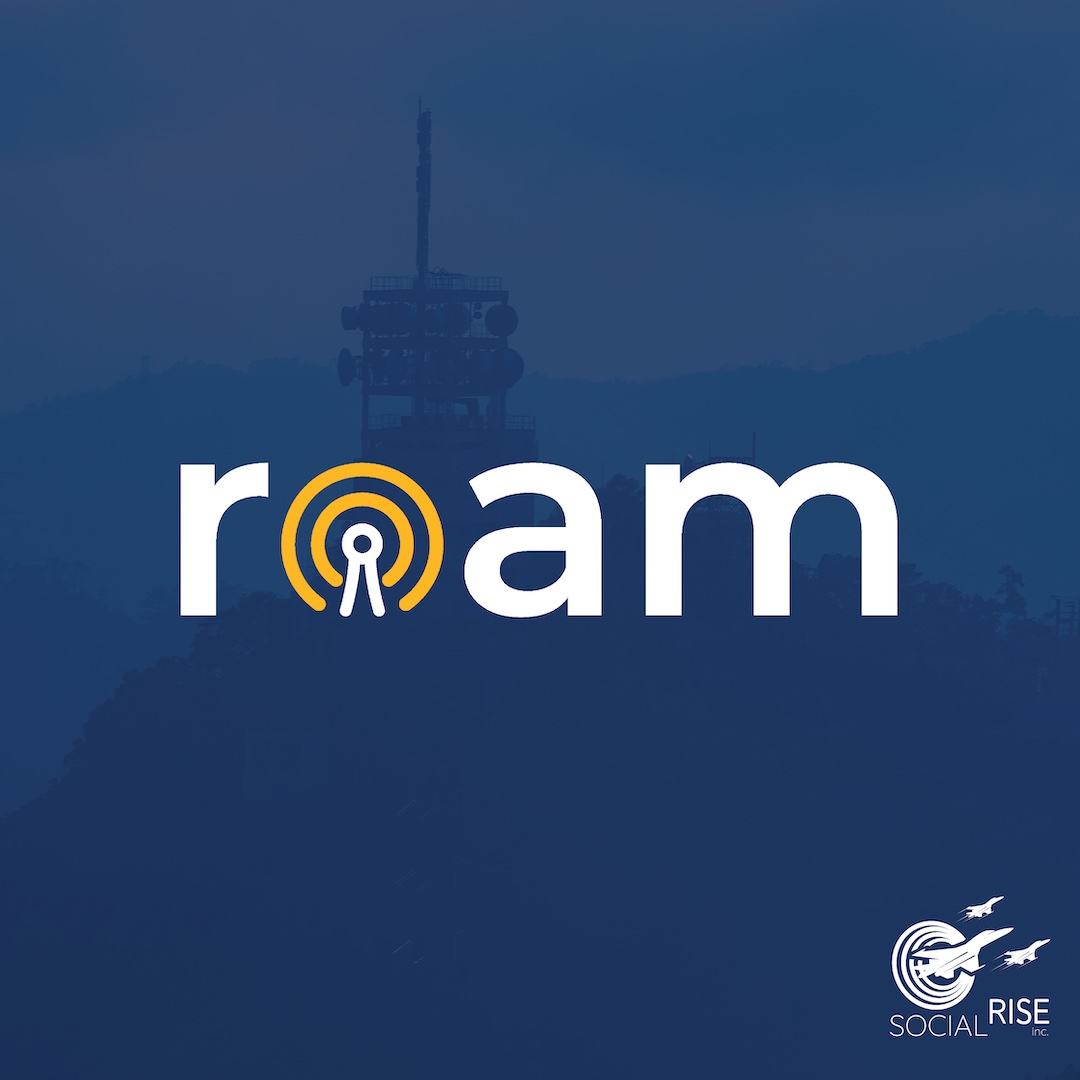 Blue white and yellow logo design for ROAM